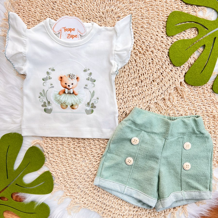 Conj. Blusa em Linho Ursinha e Short - Verde